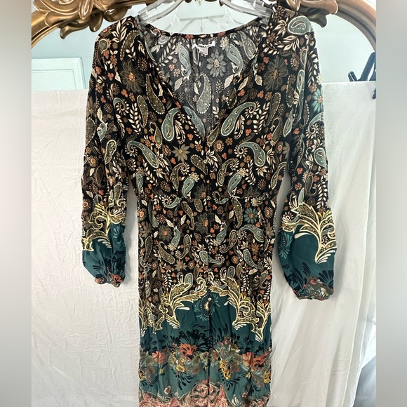 O’Neill Paisley Boho Midi Dress Long Sleeve Button Front Teal Floral Size Small - Picture 2 of 6